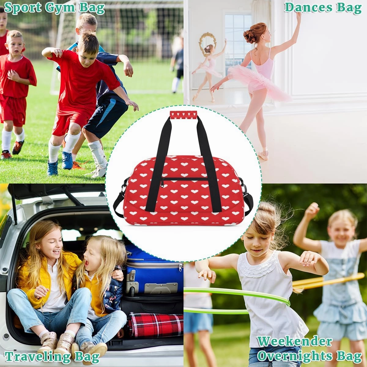 Red and White Hearts Kids Overnighter Duffel Bags for Boys, Carry-On Size Sports Gym Bag with Front Zipper Pocket for School Practice or Overnight Travel Weekender Sleepover Tote Bag