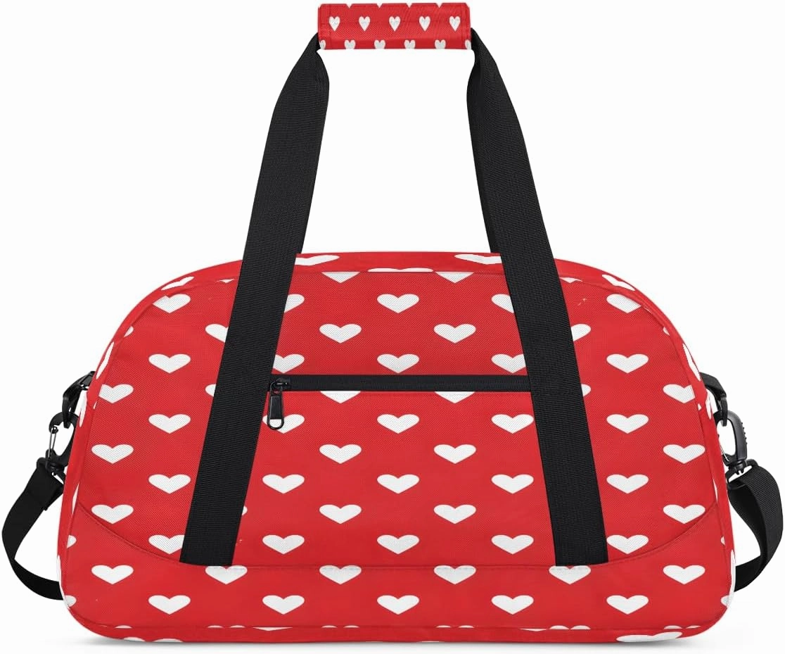 Red and White Hearts Kids Overnighter Duffel Bags for Boys, Carry-On Size Sports Gym Bag with Front Zipper Pocket for School Practice or Overnight Travel Weekender Sleepover Tote Bag