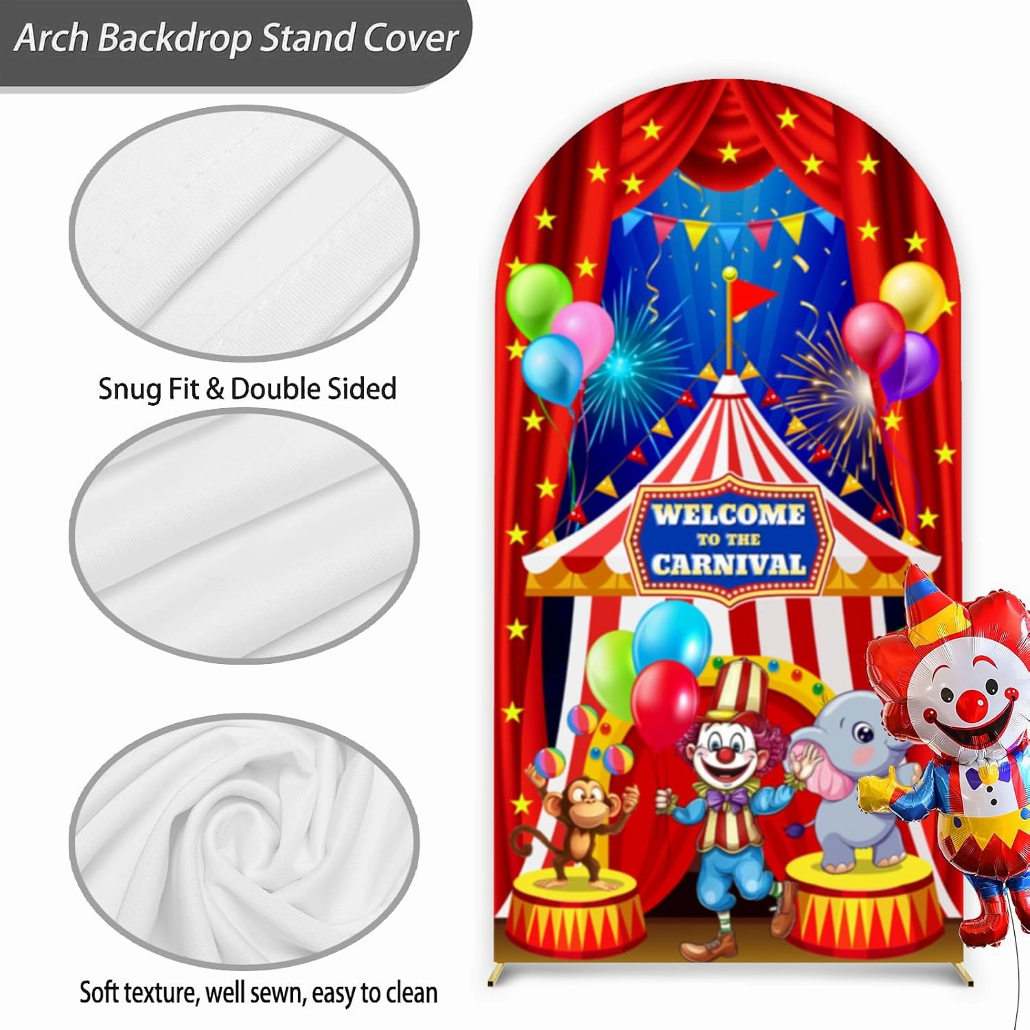 Red Circus Carnival Arch Backdrop Cover 7.2FT Welcome to The Carnival Spandex Arch Cover Backdrop Fabric 2-Sided Circus Theme Round Top Stretchy Backdrops Stand Covers for Birthday Party Decorations