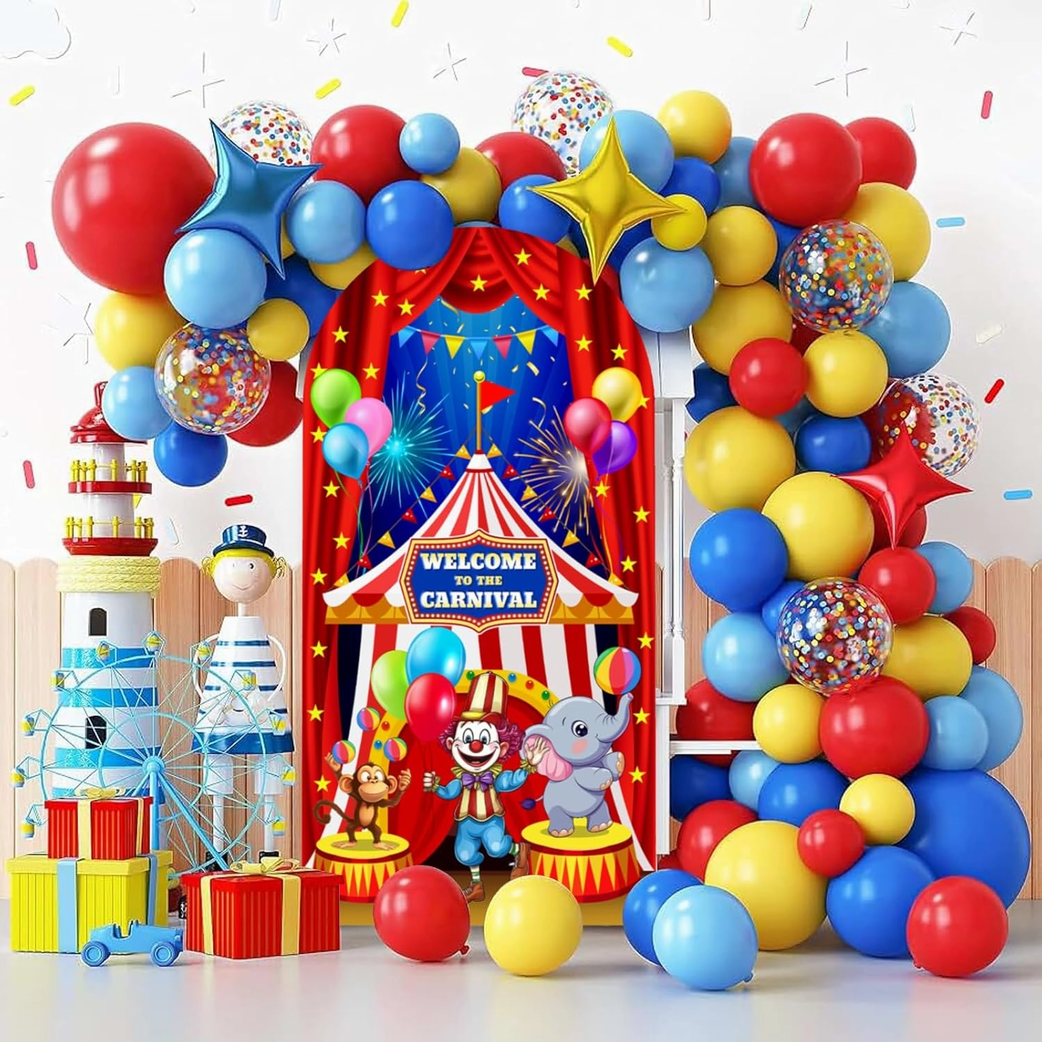 Red Circus Carnival Arch Backdrop Cover 7.2FT Welcome to The Carnival Spandex Arch Cover Backdrop Fabric 2-Sided Circus Theme Round Top Stretchy Backdrops Stand Covers for Birthday Party Decorations