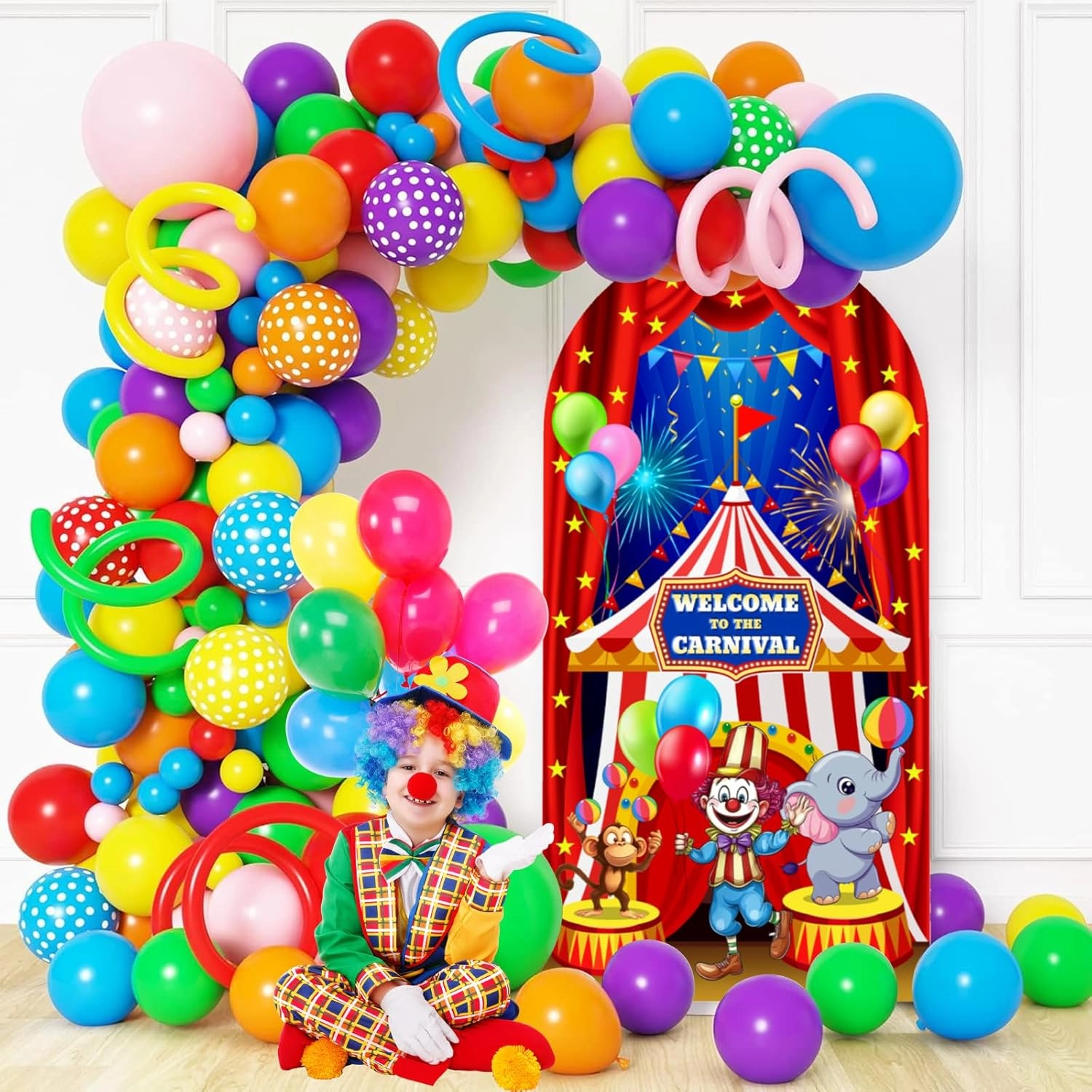Red Circus Carnival Arch Backdrop Cover 7.2FT Welcome to The Carnival Spandex Arch Cover Backdrop Fabric 2-Sided Circus Theme Round Top Stretchy Backdrops Stand Covers for Birthday Party Decorations