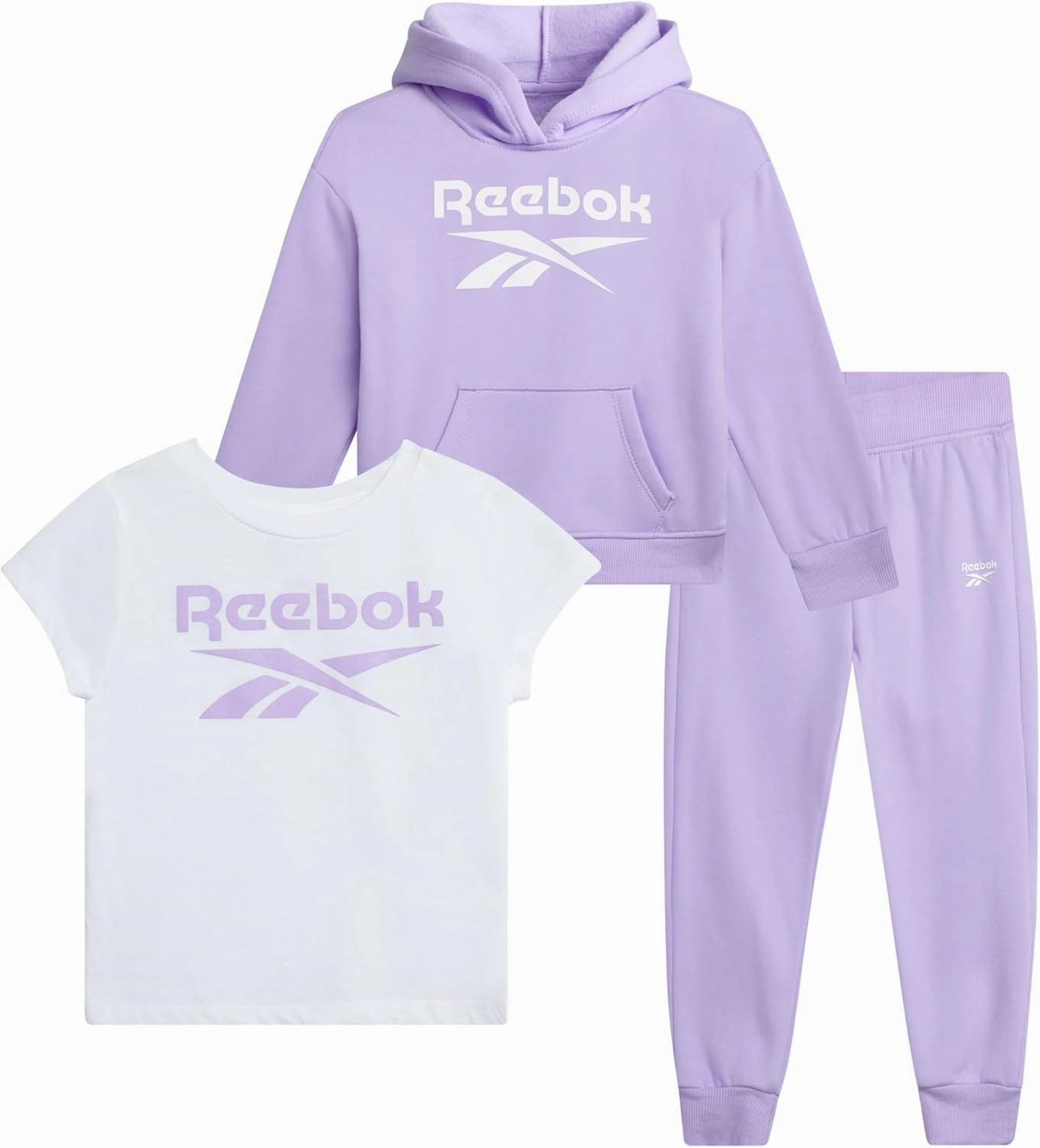 Reebok Baby Toddler Little Girls Activewear Sets - 3 Piece Active Fleece Shirt Hoodie Sweatshirt and Joggers Girls Pants Set