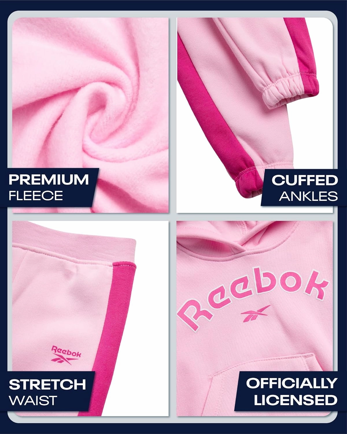 Reebok Toddler Girls Sweatsuit Set - 2 Piece Performance Fleece Pullover Hooded Sweatshirt and Jogger Sweatpants for Girls