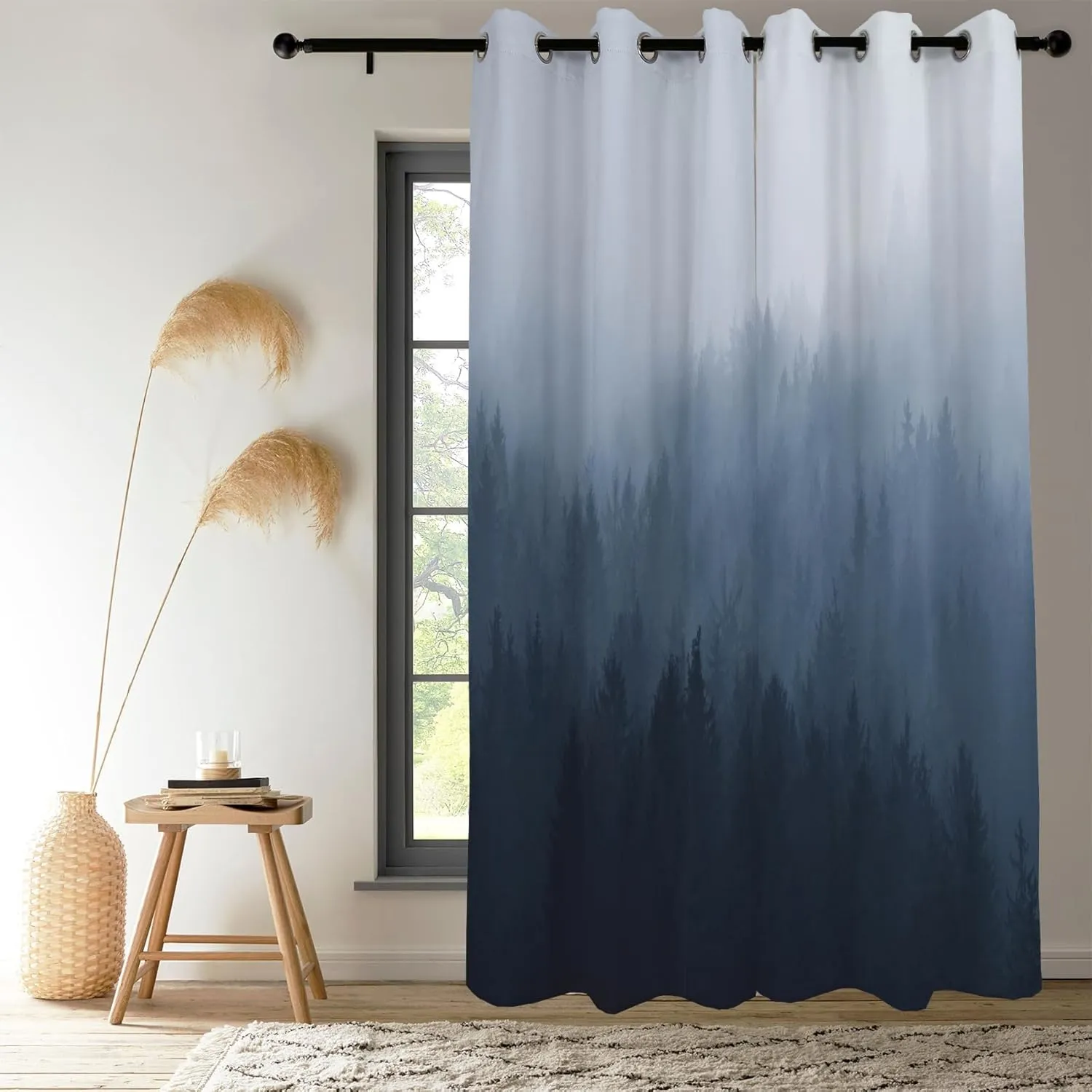 Renaiss Misty Forest Window Drapes, Navy Blue Ombre Design Bedroom Curtains & Drapes Abstract Mountain Landscape Room Darkening Grommet Curtains for Living Room 42W x 84L inches 2 Panel Set