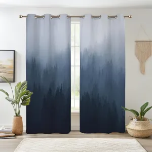 Renaiss Misty Forest Window Drapes, Navy Blue Ombre Design Bedroom Curtains & Drapes Abstract Mountain Landscape Room Darkening Grommet Curtains for Living Room 42W x 84L inches 2 Panel Set