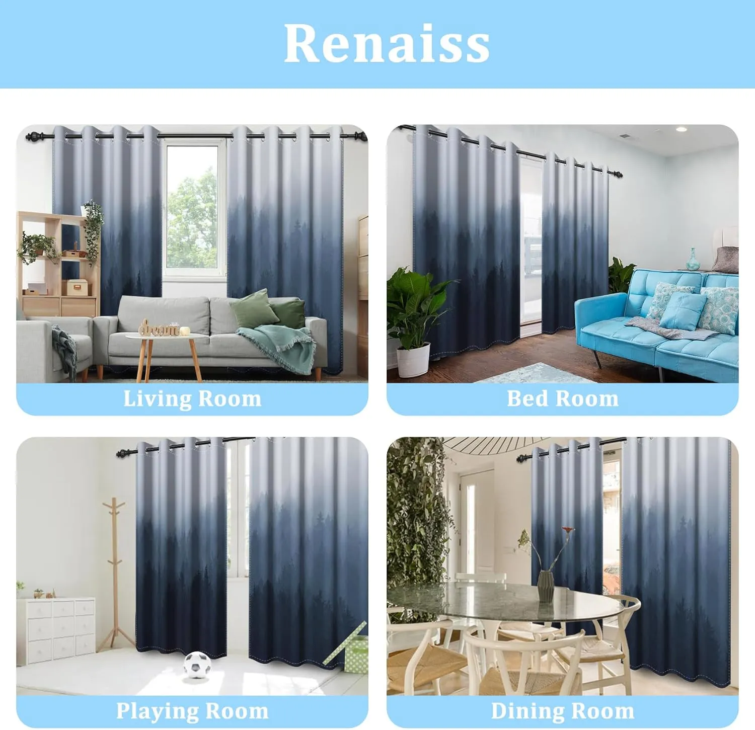 Renaiss Misty Forest Window Drapes, Navy Blue Ombre Design Bedroom Curtains & Drapes Abstract Mountain Landscape Room Darkening Grommet Curtains for Living Room 42W x 84L inches 2 Panel Set