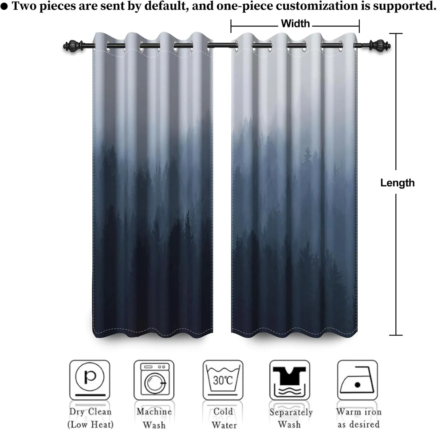 Renaiss Misty Forest Window Drapes, Navy Blue Ombre Design Bedroom Curtains & Drapes Abstract Mountain Landscape Room Darkening Grommet Curtains for Living Room 42W x 84L inches 2 Panel Set