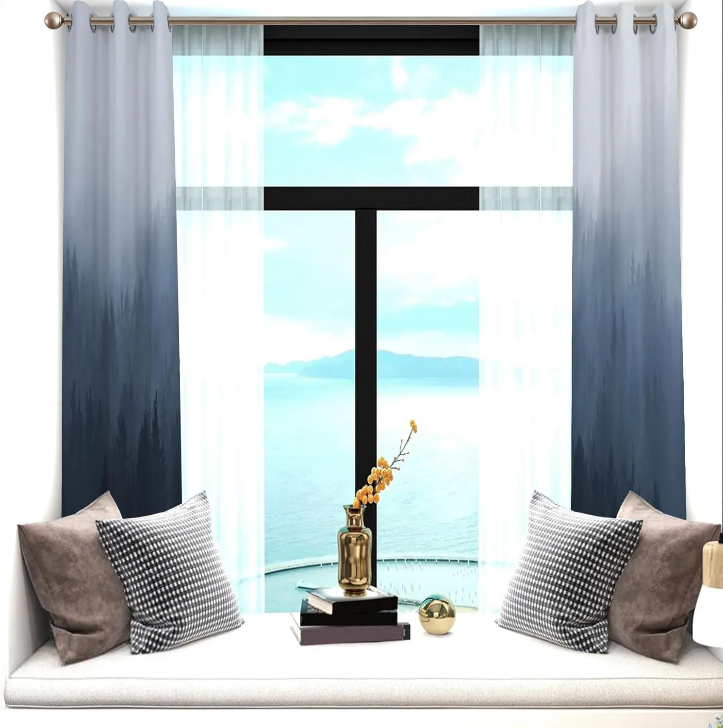 Renaiss Misty Forest Window Drapes, Navy Blue Ombre Design Bedroom Curtains & Drapes Abstract Mountain Landscape Room Darkening Grommet Curtains for Living Room 42W x 84L inches 2 Panel Set