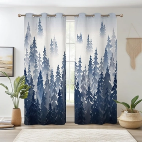 Renaiss Navy Blue Forest Blackout Curtains, Abstract Mountain Scenery Window Curtains for Bedroom Darkening Drapes Nature Woodland Window Curtain 2 Panels for Living Room Home Decor 42Wx63L