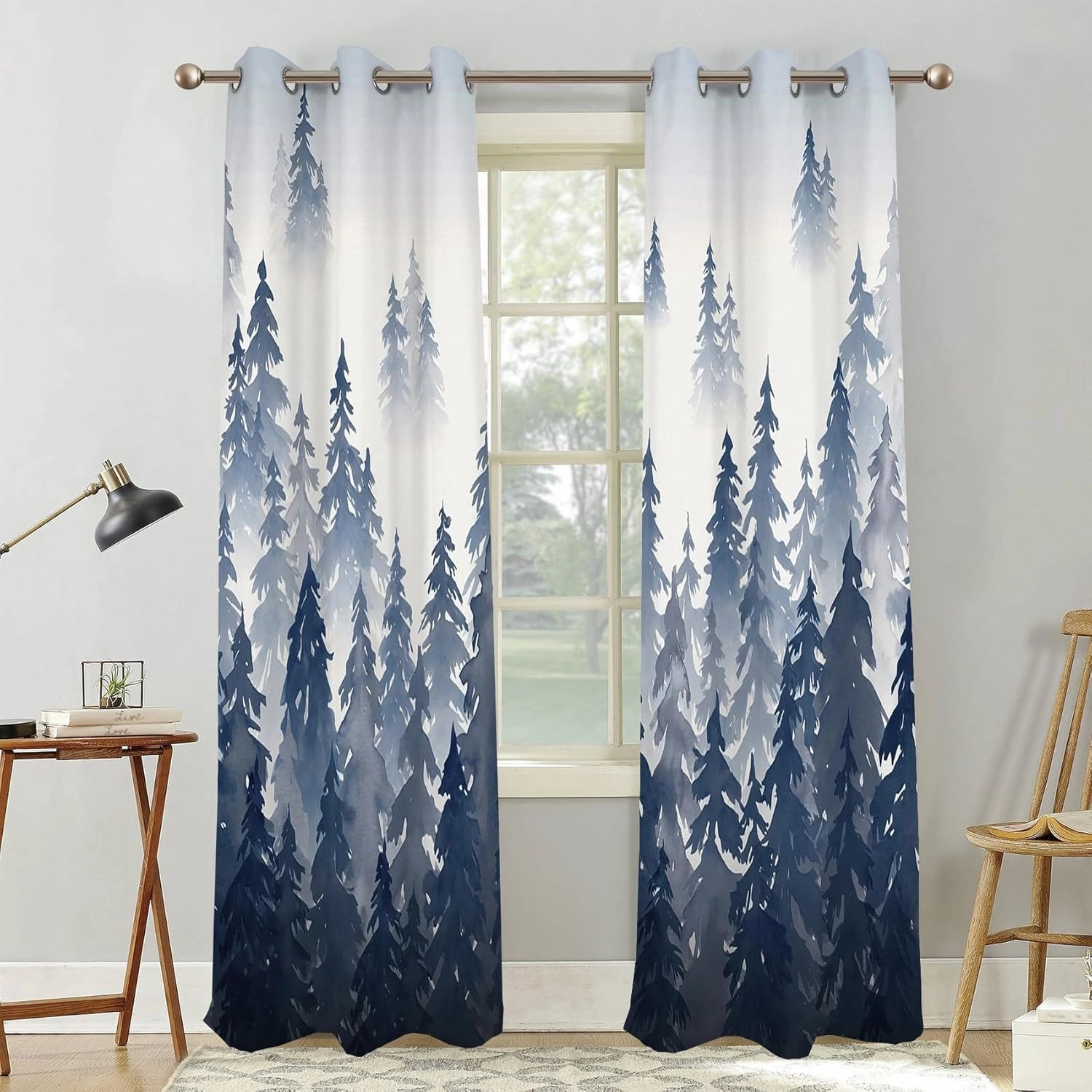 Renaiss Navy Blue Forest Blackout Curtains, Abstract Mountain Scenery Window Curtains for Bedroom Darkening Drapes Nature Woodland Window Curtain 2 Panels for Living Room Home Decor 42Wx63L