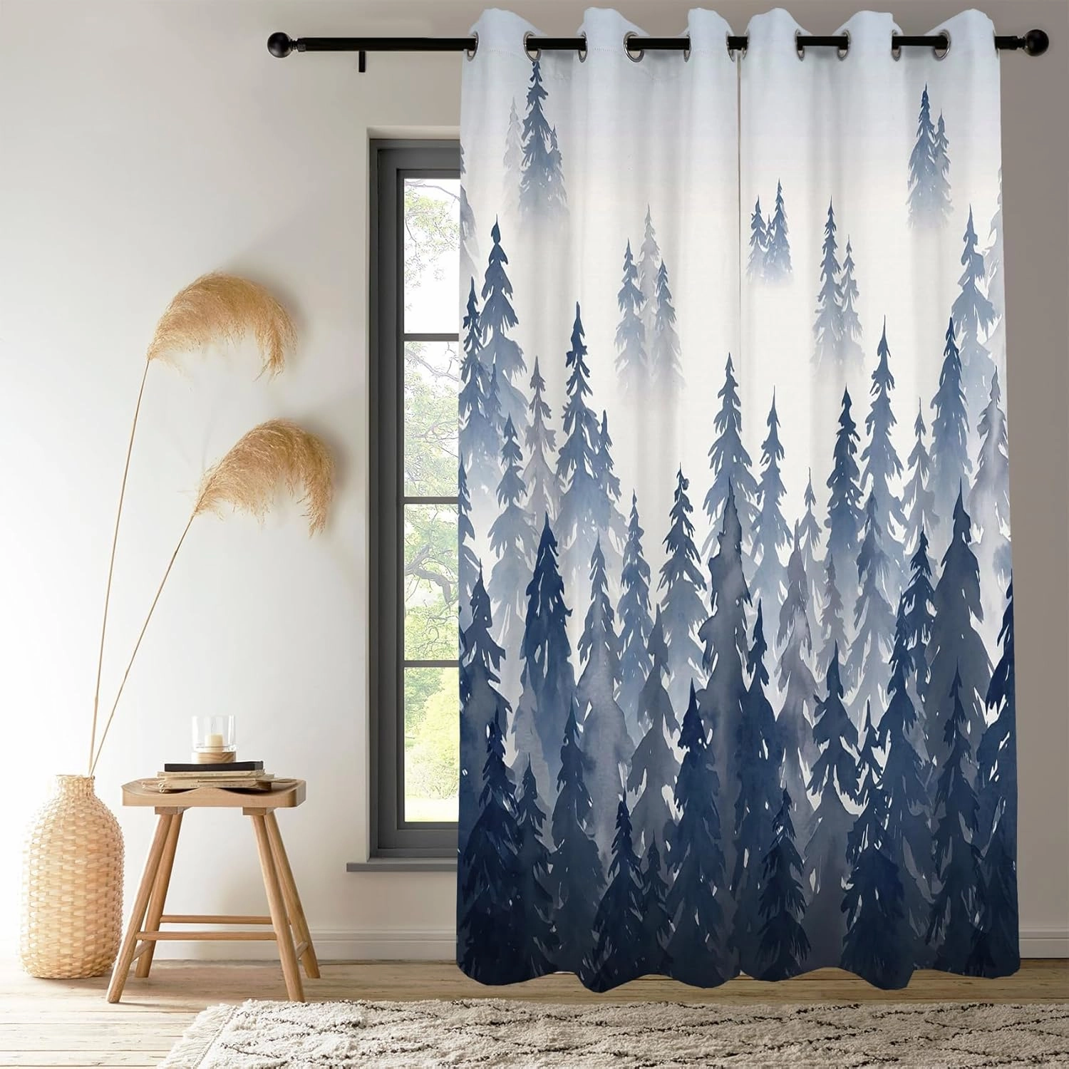 Renaiss Navy Blue Forest Blackout Curtains, Abstract Mountain Scenery Window Curtains for Bedroom Darkening Drapes Nature Woodland Window Curtain 2 Panels for Living Room Home Decor 42Wx63L