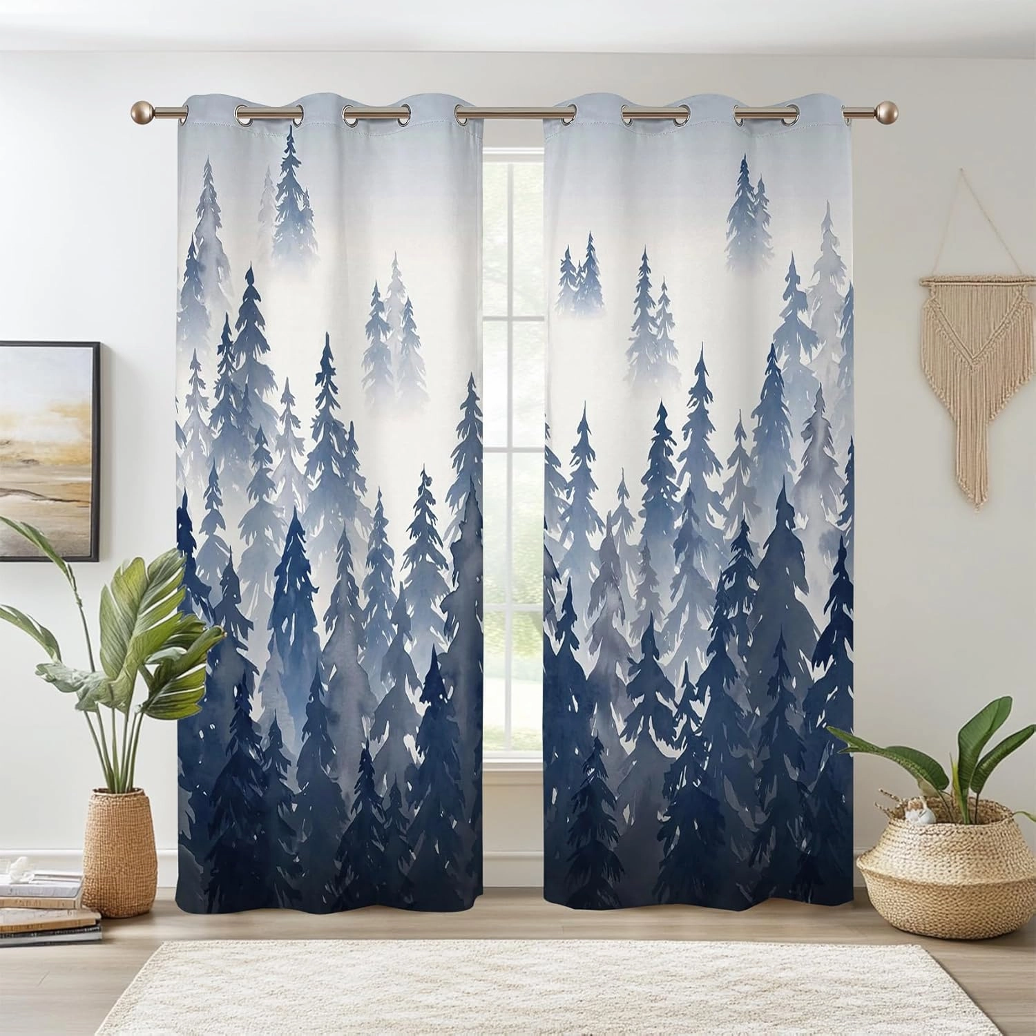 Renaiss Navy Blue Forest Blackout Curtains, Abstract Mountain Scenery Window Curtains for Bedroom Darkening Drapes Nature Woodland Window Curtain 2 Panels for Living Room Home Decor 42Wx63L