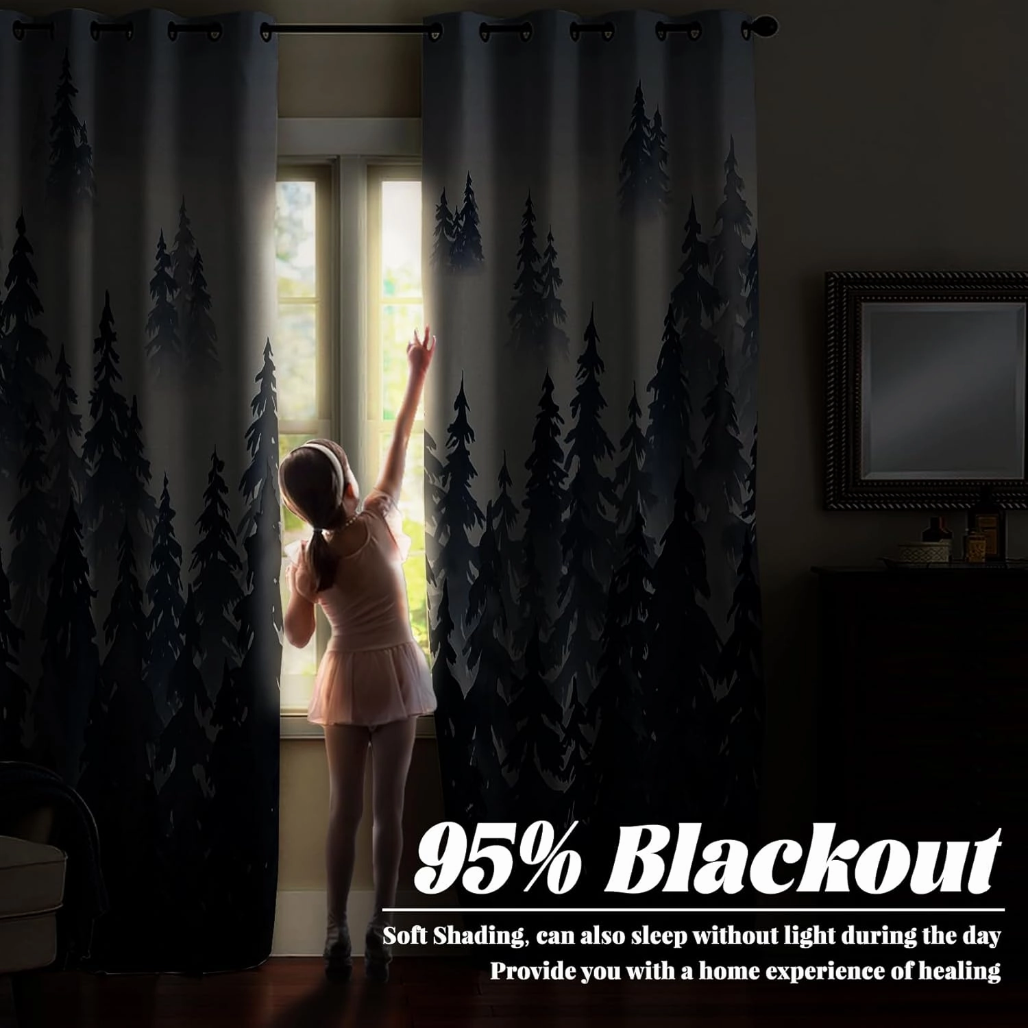Renaiss Navy Blue Forest Blackout Curtains, Abstract Mountain Scenery Window Curtains for Bedroom Darkening Drapes Nature Woodland Window Curtain 2 Panels for Living Room Home Decor 42Wx63L
