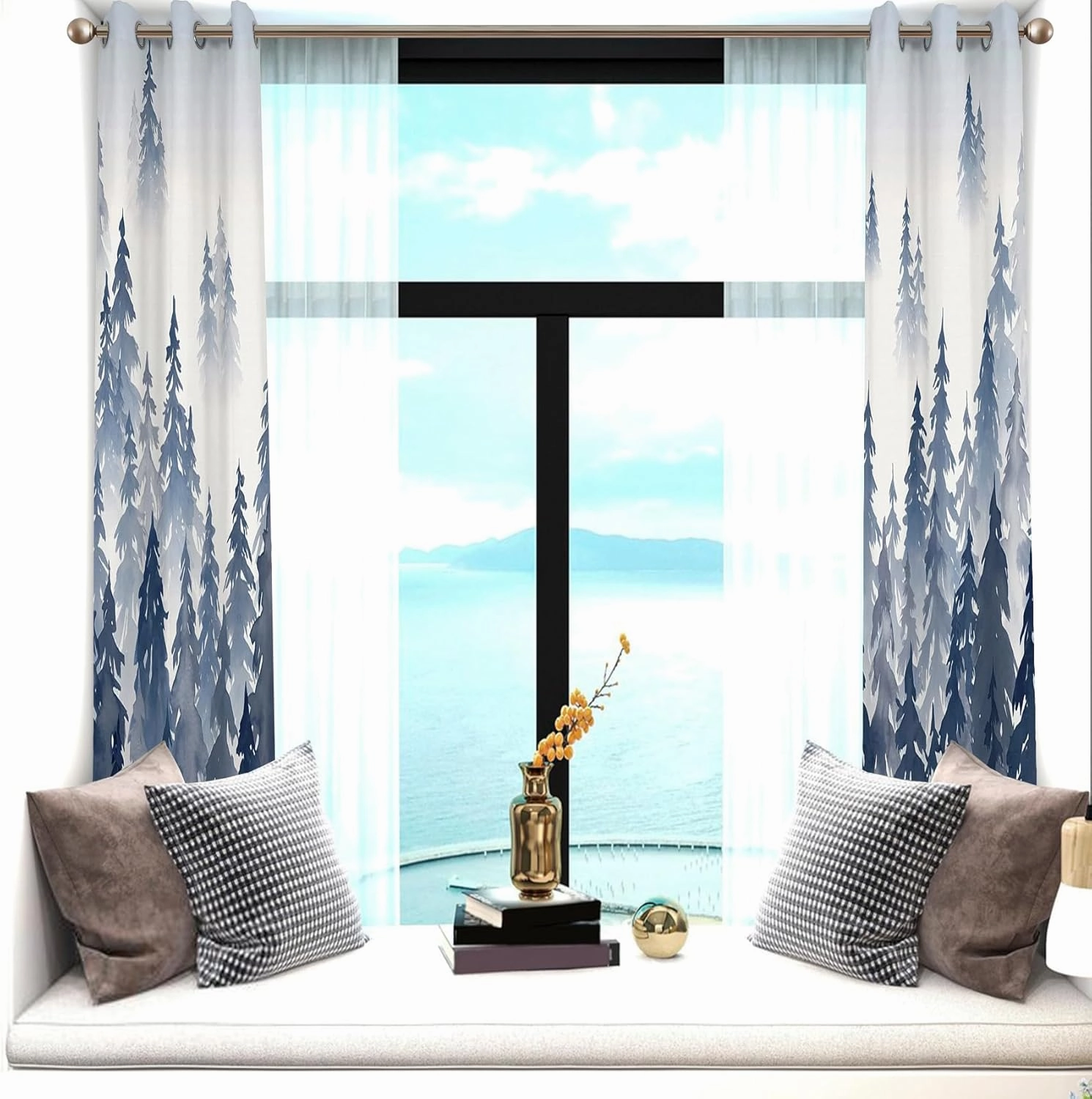 Renaiss Navy Blue Forest Blackout Curtains, Abstract Mountain Scenery Window Curtains for Bedroom Darkening Drapes Nature Woodland Window Curtain 2 Panels for Living Room Home Decor 42Wx63L