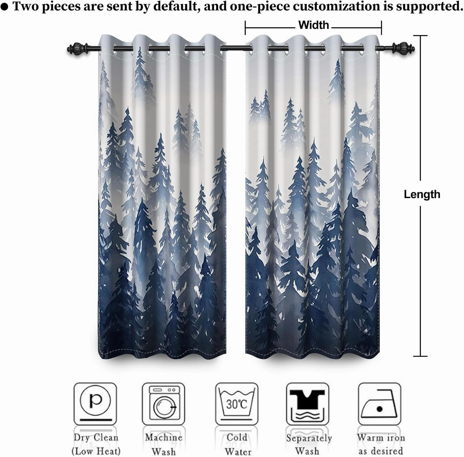 Renaiss Navy Blue Forest Blackout Curtains, Abstract Mountain Scenery Window Curtains for Bedroom Darkening Drapes Nature Woodland Window Curtain 2 Panels for Living Room Home Decor 42Wx63L