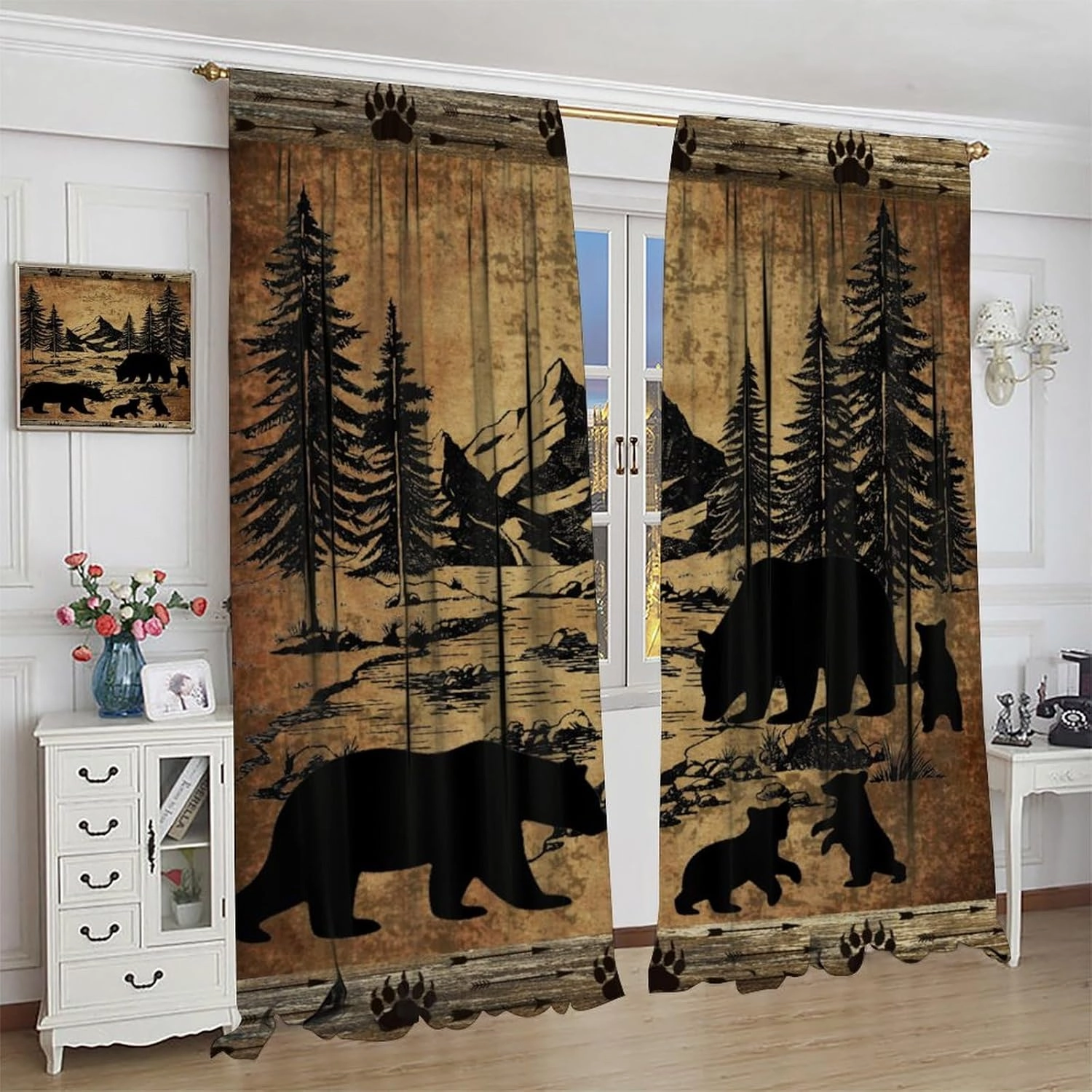 Retro Bear Curtains Vintage Farmhouse Rustic Mountain Forest Cabin Trees Pattern Blackout Rod Pocket Drapes for Bedroom Living Room,2 Panels Set,42x45 Inch