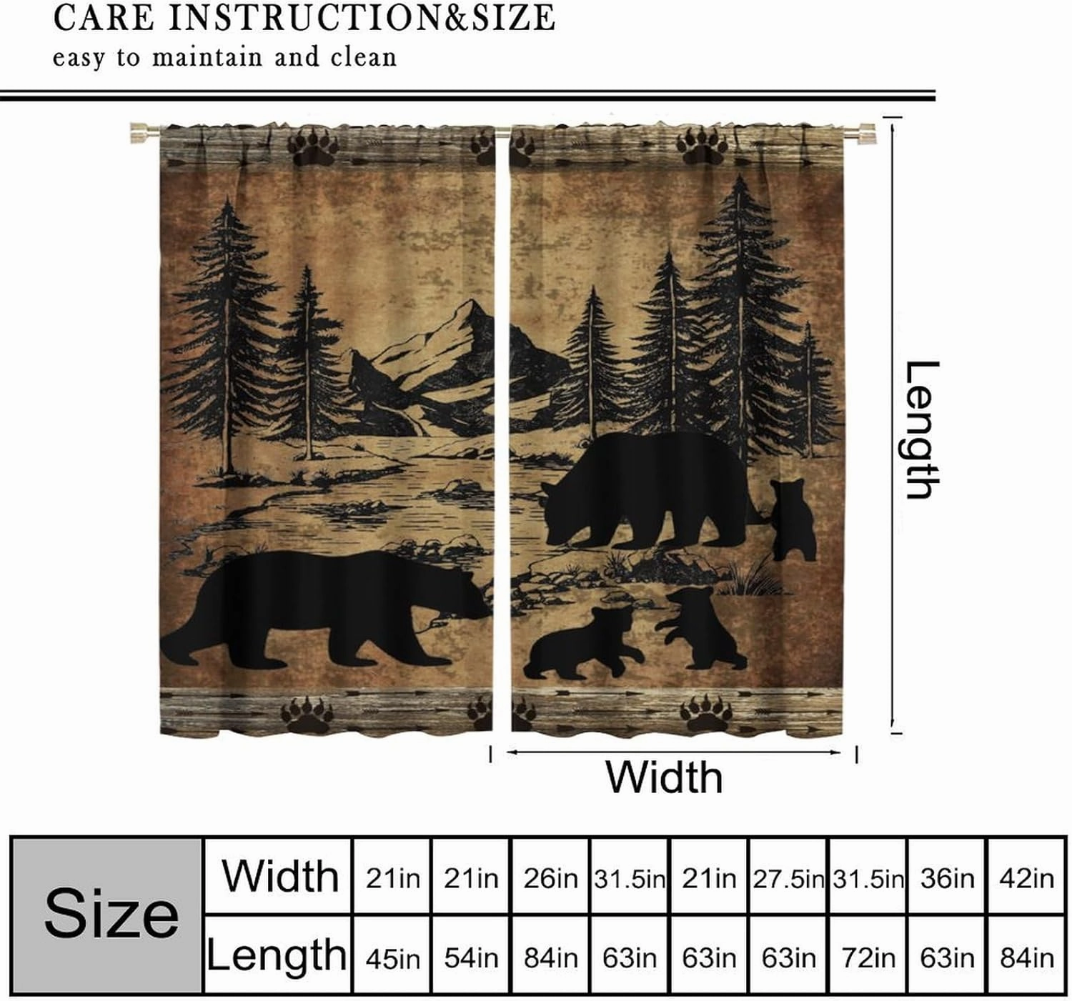 Retro Bear Curtains Vintage Farmhouse Rustic Mountain Forest Cabin Trees Pattern Blackout Rod Pocket Drapes for Bedroom Living Room,2 Panels Set,42x45 Inch