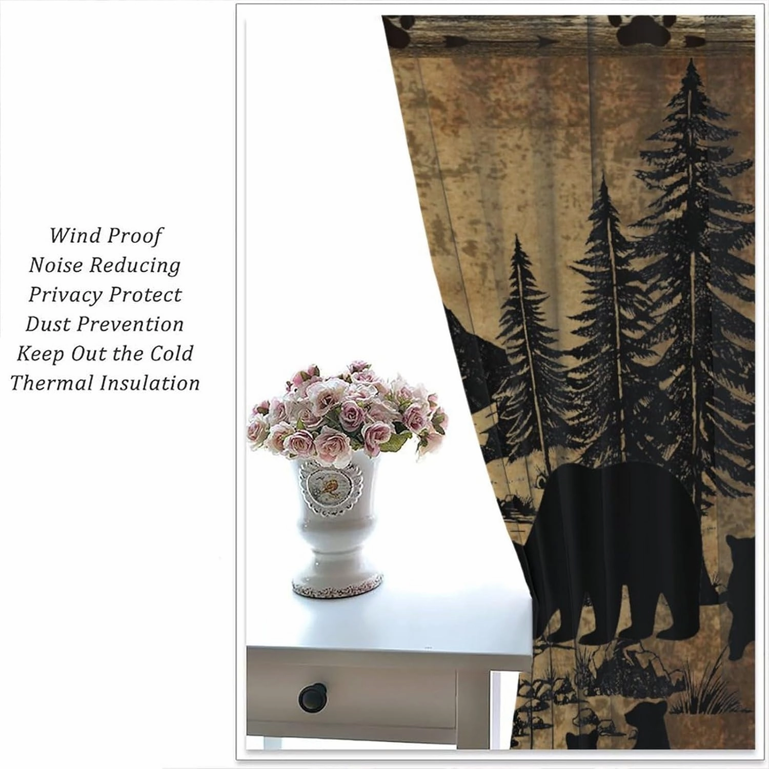 Retro Bear Curtains Vintage Farmhouse Rustic Mountain Forest Cabin Trees Pattern Blackout Rod Pocket Drapes for Bedroom Living Room,2 Panels Set,42x45 Inch