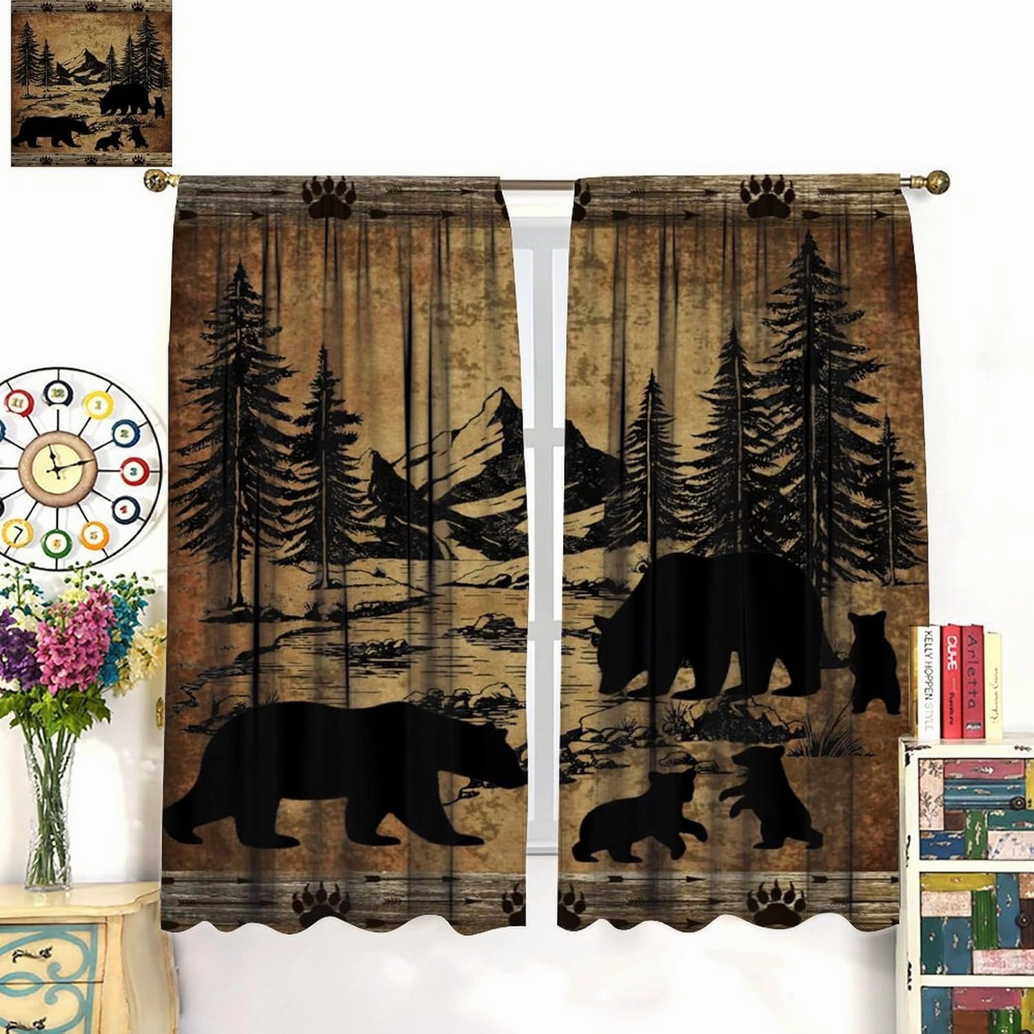 Retro Bear Curtains Vintage Farmhouse Rustic Mountain Forest Cabin Trees Pattern Blackout Rod Pocket Drapes for Bedroom Living Room,2 Panels Set,42x45 Inch