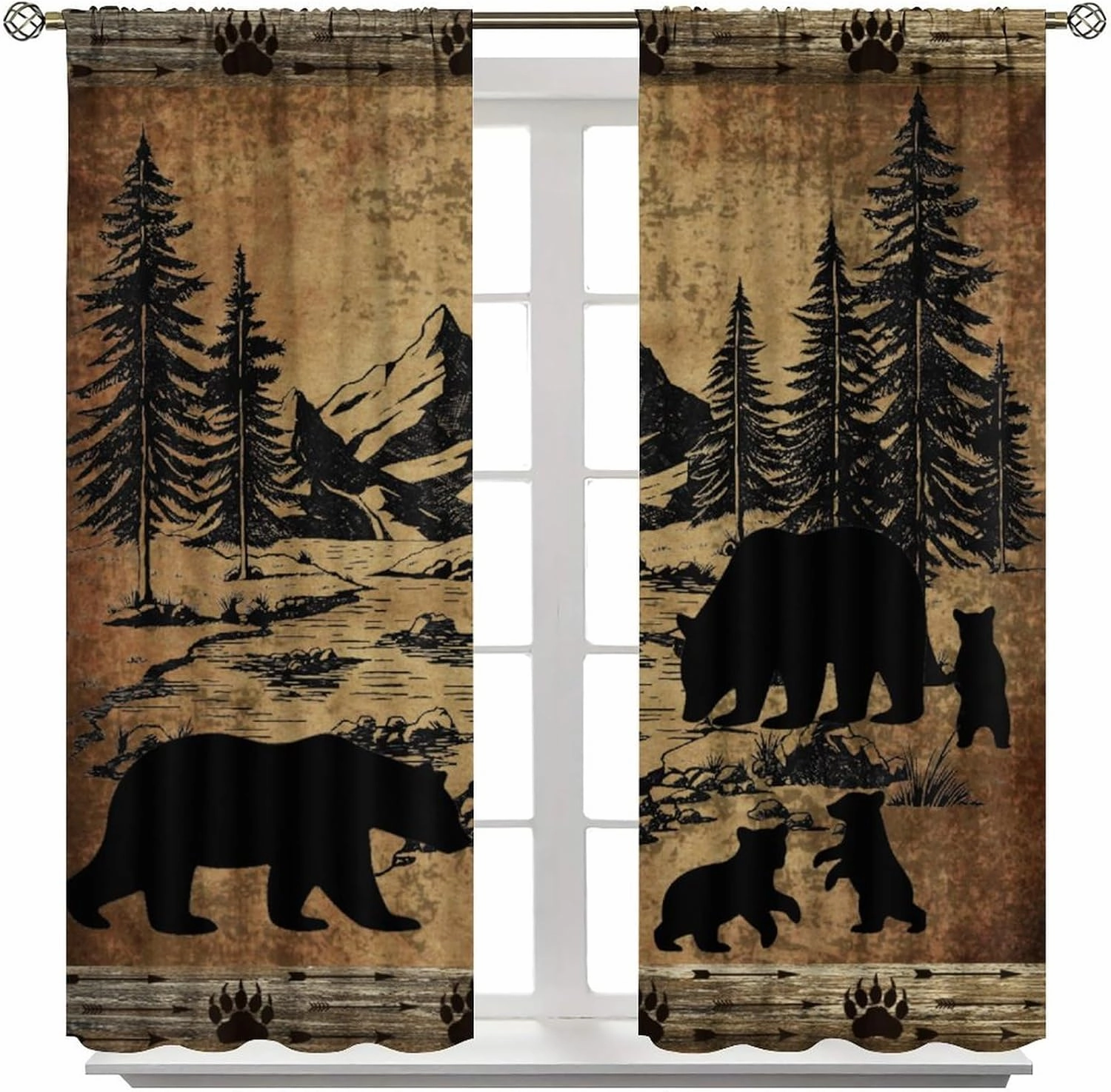 Retro Bear Curtains Vintage Farmhouse Rustic Mountain Forest Cabin Trees Pattern Blackout Rod Pocket Drapes for Bedroom Living Room,2 Panels Set,42x45 Inch
