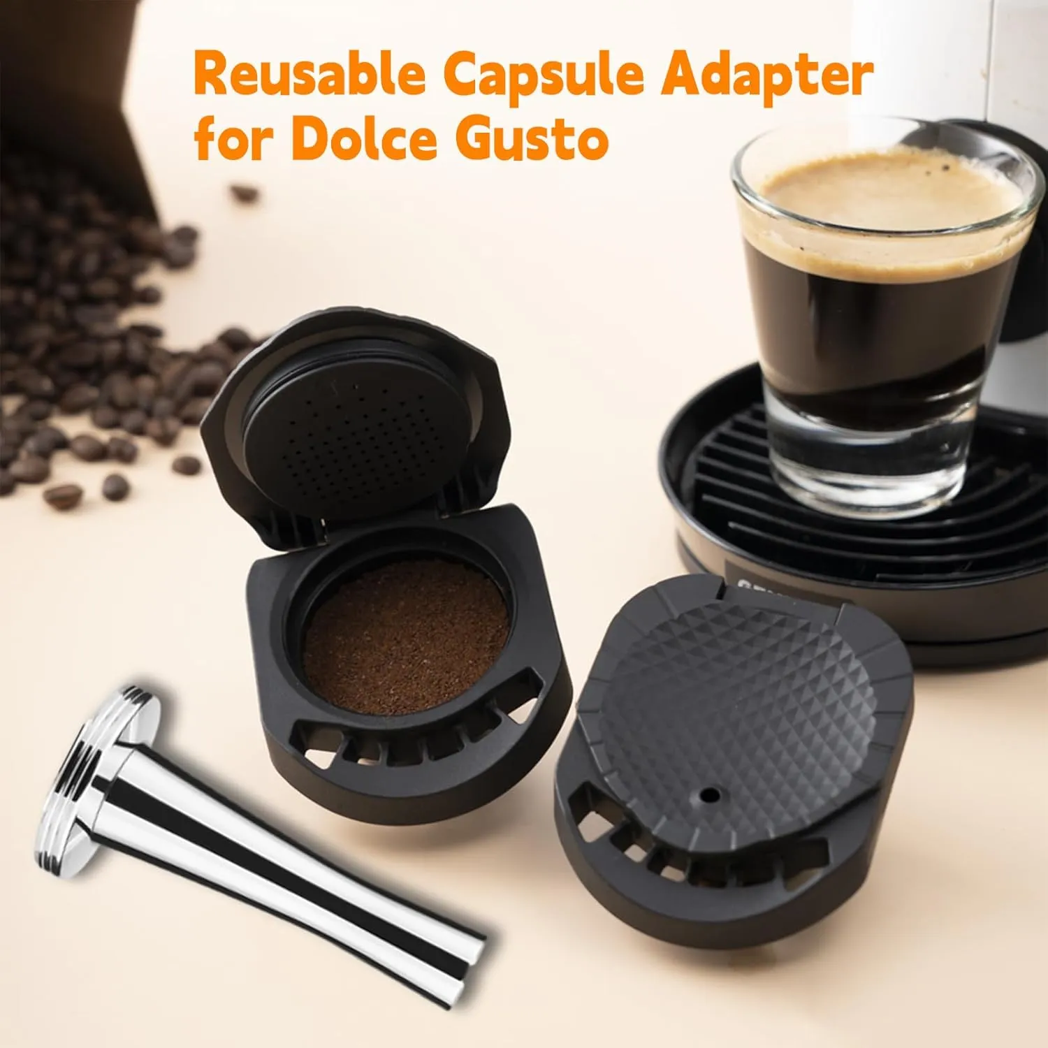 Reusable Capsule Adapter For Dolce Gusto, Coffee Capsule Converter Adapter Refillable Coffee Capsule Adapter with 41mm Tamper Compatiable for Piccolo XS/EDG 305/EDG 606.S/Genio S