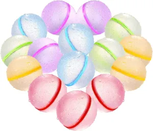 Reusable Water Bomb Balloons Silicone Self Sealing Splash Water Balls with Mesh Bag, Summer Fun Outdoor Toys for Kids, Water Games for Kids Backyard Swimming Pool Waterpark Glitter (15 packs)