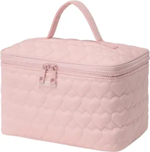RIGHT AWAY Makeup Bag,Large Cosmetic Bags for Women Girls, Quilted Train Case Make Up Bag with Handle,Travel Makeup Case Organizer,Cute Toiletry Bag Vanity Bag(Pink)