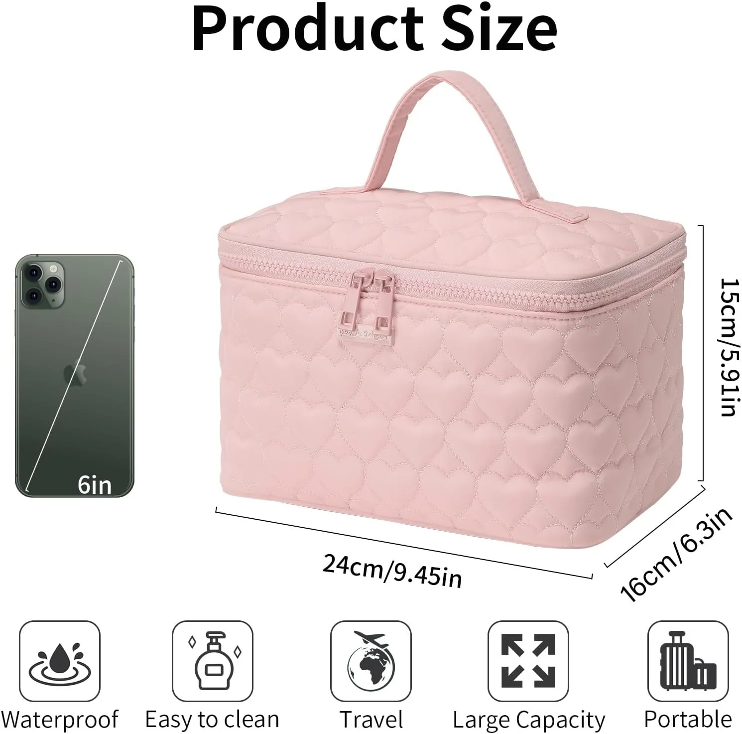 RIGHT AWAY Makeup Bag,Large Cosmetic Bags for Women Girls, Quilted Train Case Make Up Bag with Handle,Travel Makeup Case Organizer,Cute Toiletry Bag Vanity Bag(Pink)