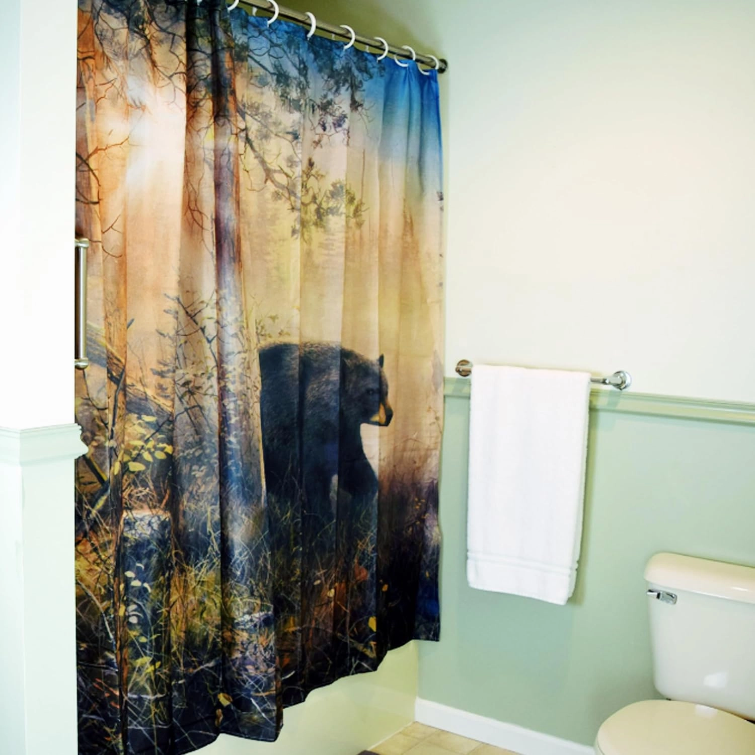Rivers Edge Products Bathroom Shower Curtain, 70 x 72 Inches, Unique Bath Curtain with Hooks, Printed Licensed Art of Animal Nature Scene, Bear