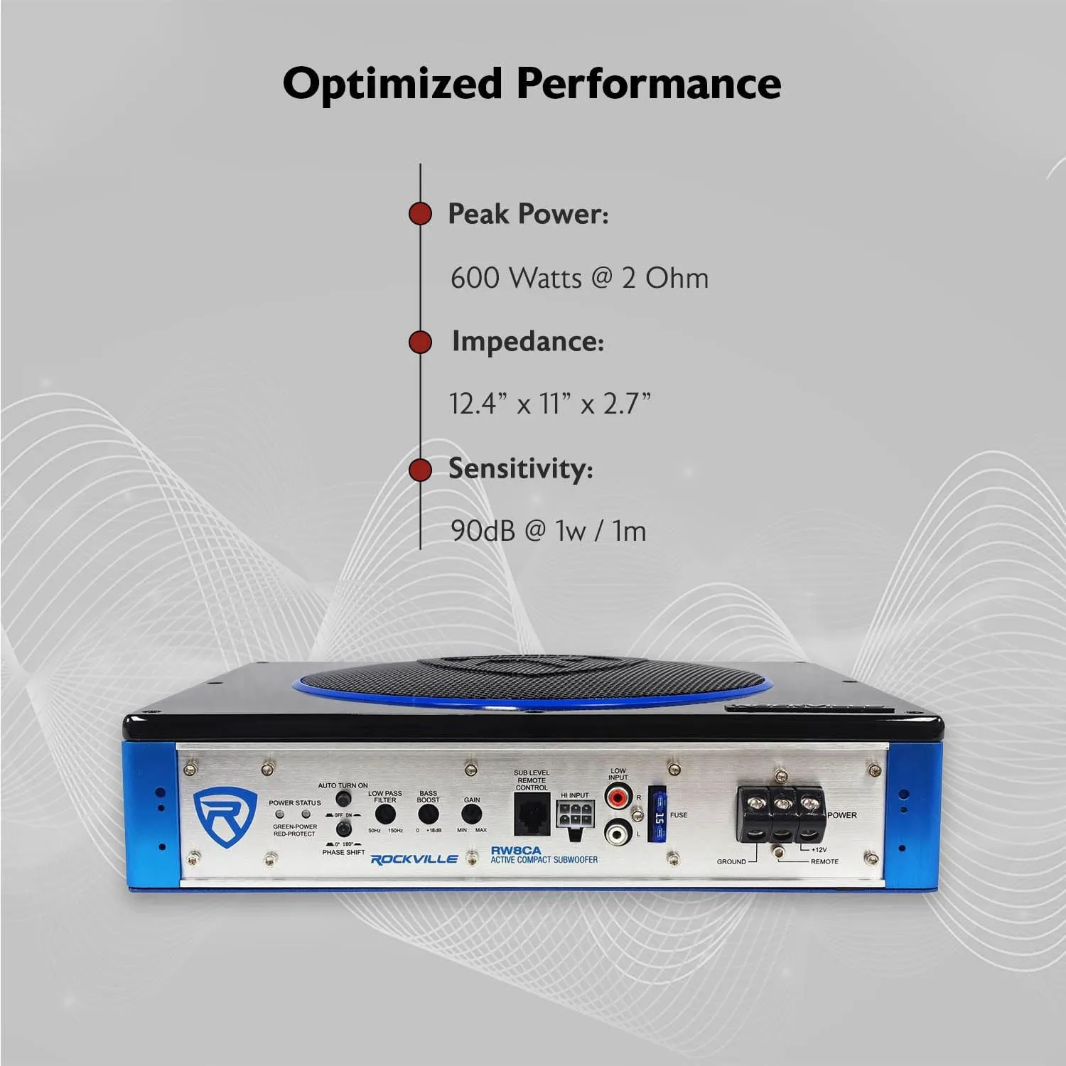 Rockville RW8CA 600W Low Profile Under-Seat Active Car Subwoofer, 2 Ohm, Deep Bass, Slim Design, Easy Install, Perfect for Car Audio Enthusiasts