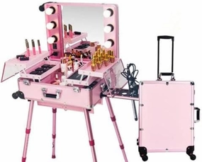 Rolling Makeup Artist Train Box with Lights Station Trolley Studio Wheeled