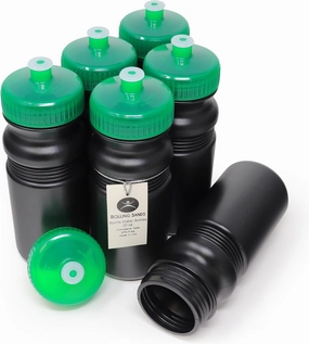Rolling Sands 20 oz. Bulk Water Bottles 6 Pack, Made in USA, BPA-Free, Reusable Dishwasher Safe Plastic Sports Bottle with Easy Open Pull Top Cap for Adults and Kids, Black Bottles/Green Lids