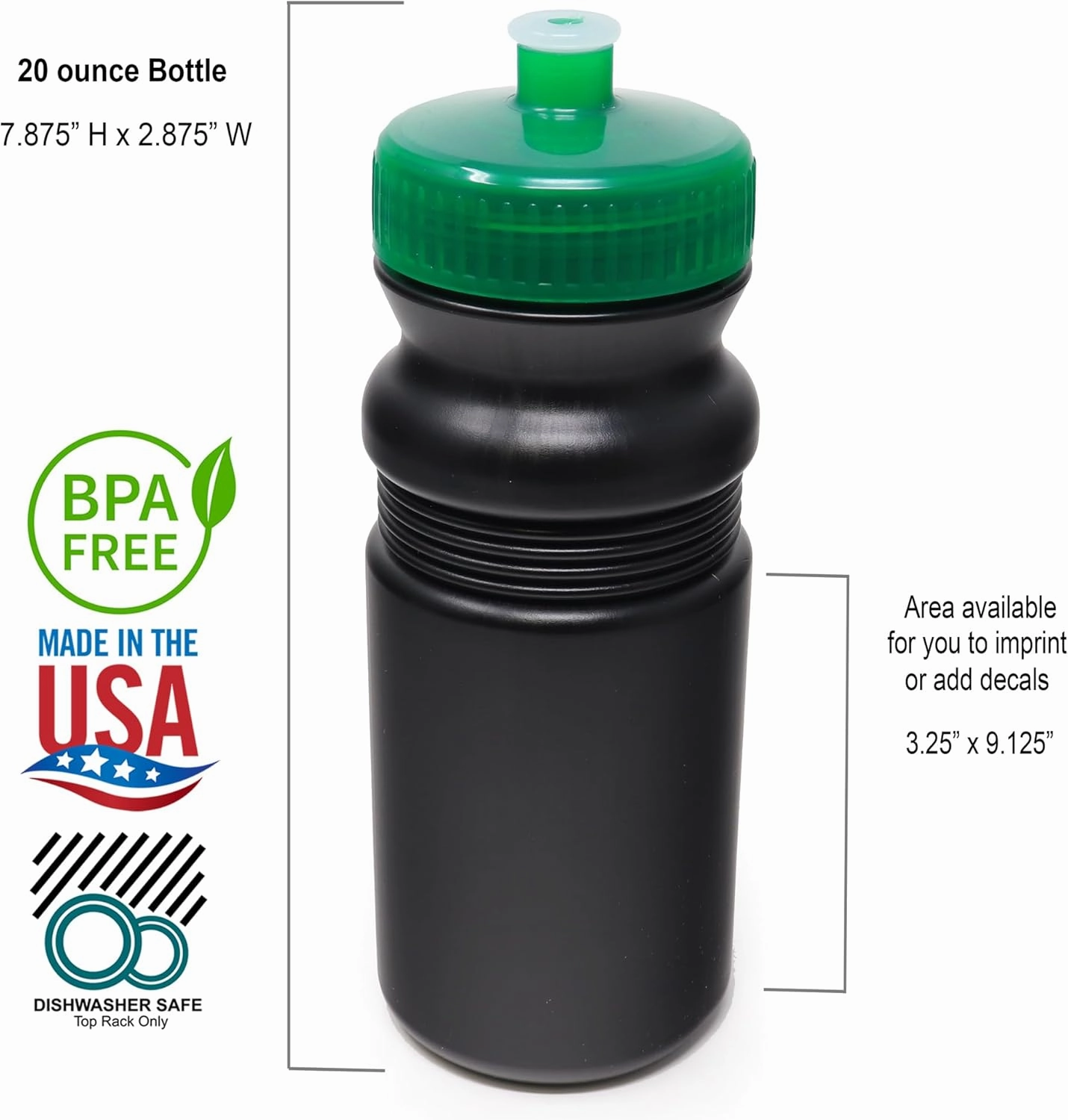 Rolling Sands 20 oz. Bulk Water Bottles 6 Pack, Made in USA, BPA-Free, Reusable Dishwasher Safe Plastic Sports Bottle with Easy Open Pull Top Cap for Adults and Kids, Black Bottles/Green Lids