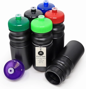 Rolling Sands 20 oz. Bulk Water Bottles 6 Pack, Made in USA, BPA-Free, Reusable Dishwasher Safe Plastic Sports Bottle with Easy Open Pull Top Cap for Adults and Kids, Black Bottles/Variety Lids