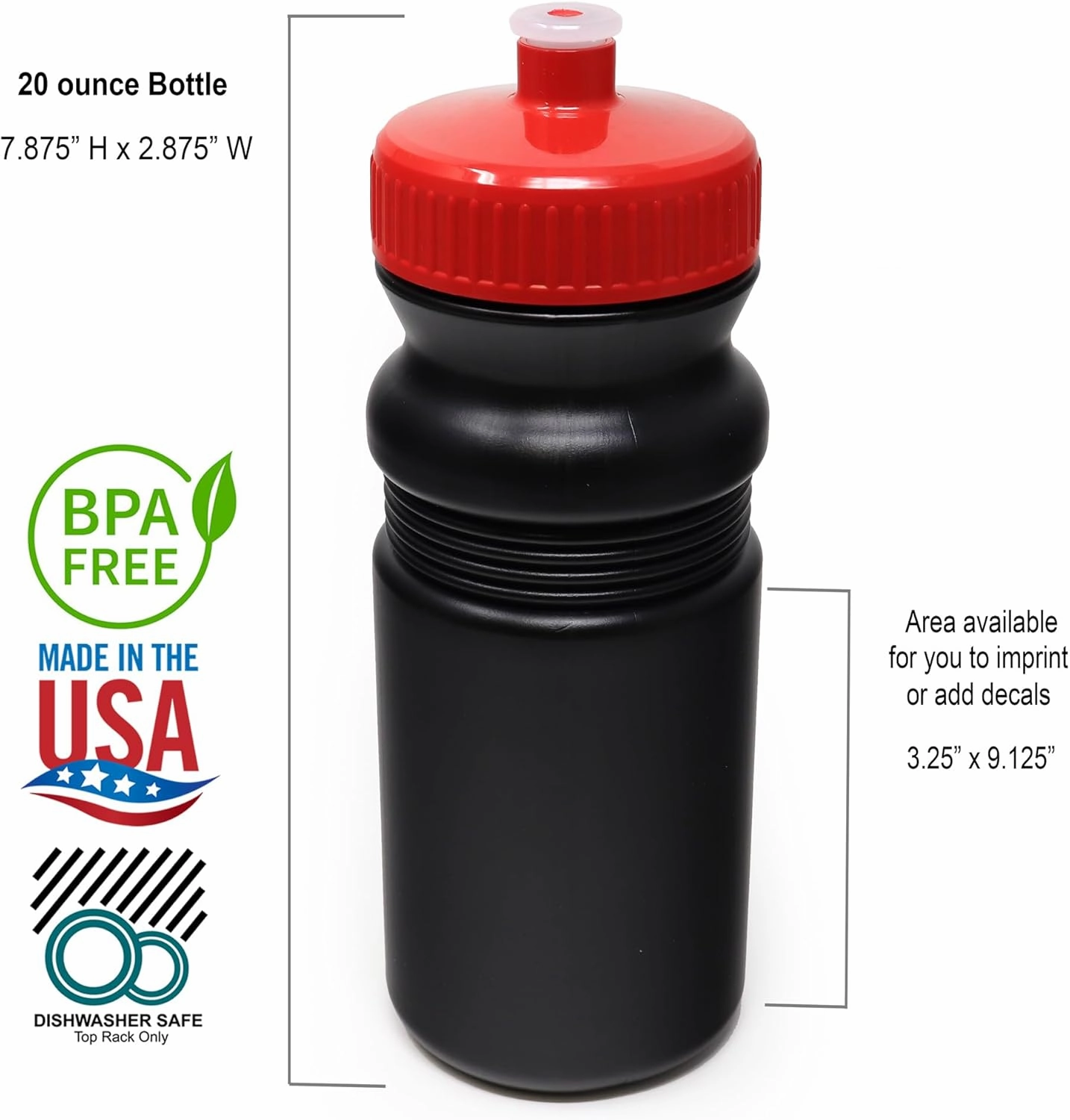 Rolling Sands 20 oz. Bulk Water Bottles 6 Pack, Made in USA, BPA-Free, Reusable Dishwasher Safe Plastic Sports Bottle with Easy Open Pull Top Cap for Adults and Kids, Black Bottles/Variety Lids