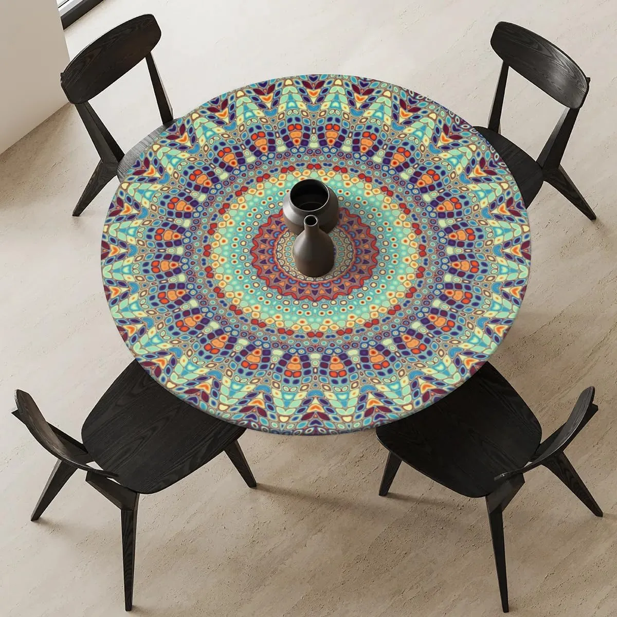 Round Fitted Tablecloth Elastic Edge Table Cover for 45'' - 56'' Tables, Waterproof Wipeable Table Cloth for Dining, Camping, Outdoor, Indoor (Boho)