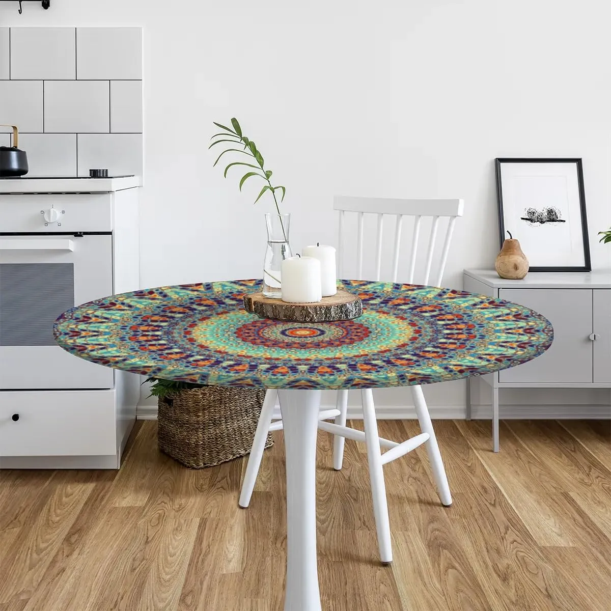 Round Fitted Tablecloth Elastic Edge Table Cover for 45'' - 56'' Tables, Waterproof Wipeable Table Cloth for Dining, Camping, Outdoor, Indoor (Boho)