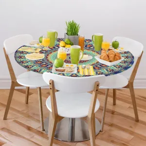 Round Fitted Tablecloth Elastic Edge Table Cover for 45'' - 56'' Tables, Waterproof Wipeable Table Cloth for Dining, Camping, Outdoor, Indoor (Boho)