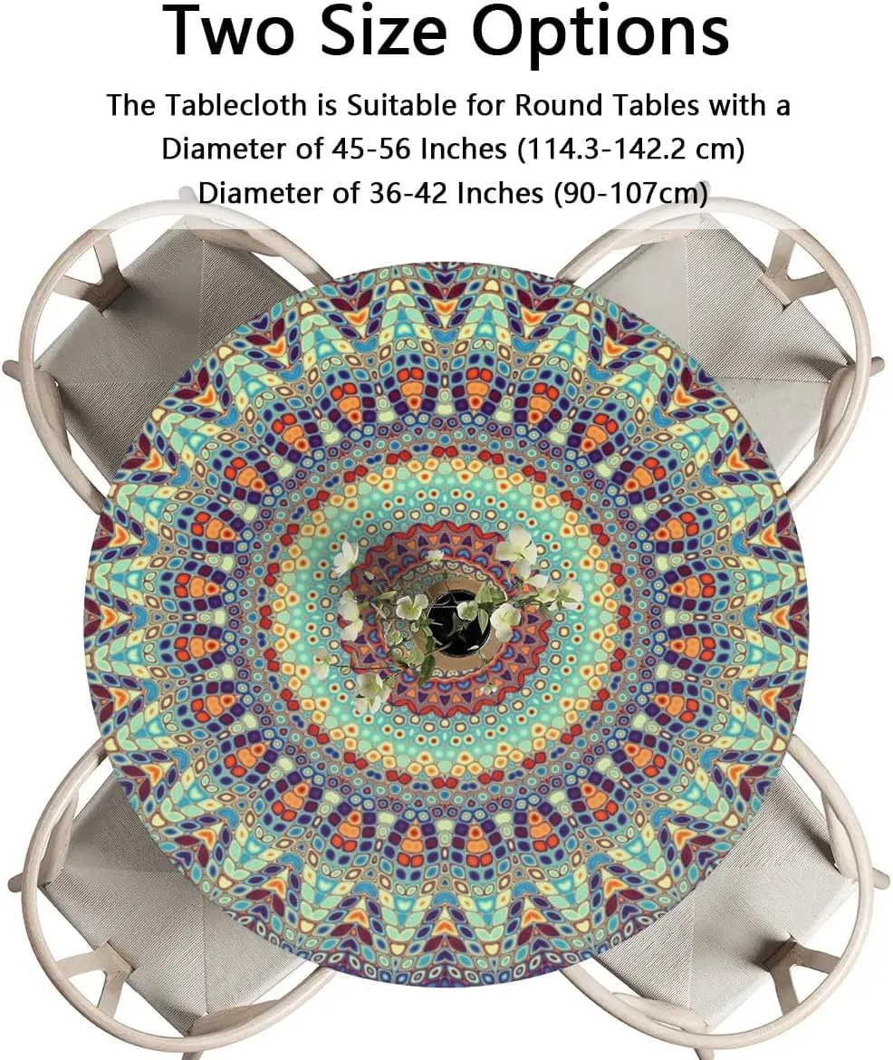 Round Fitted Tablecloth Elastic Edge Table Cover for 45'' - 56'' Tables, Waterproof Wipeable Table Cloth for Dining, Camping, Outdoor, Indoor (Boho)
