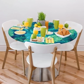 Round Fitted Tablecloth Elastic Edge Table Cover for 45'' - 56'' Tables, Waterproof Wipeable Table Cloth for Dining, Camping, Outdoor, Indoor (Palm Leaf)