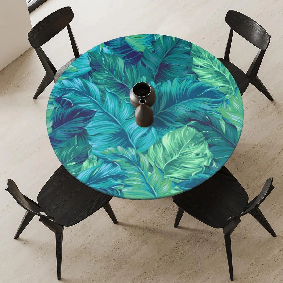 Round Fitted Tablecloth Elastic Edge Table Cover for 45'' - 56'' Tables, Waterproof Wipeable Table Cloth for Dining, Camping, Outdoor, Indoor (Palm Leaf)