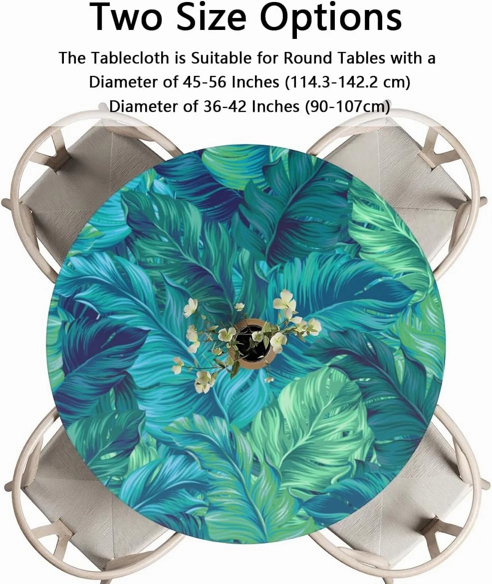 Round Fitted Tablecloth Elastic Edge Table Cover for 45'' - 56'' Tables, Waterproof Wipeable Table Cloth for Dining, Camping, Outdoor, Indoor (Palm Leaf)