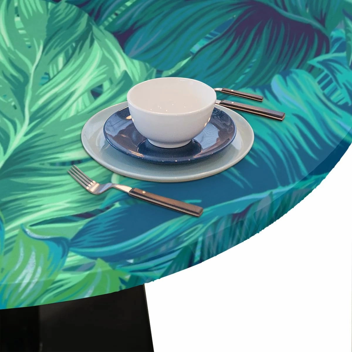 Round Fitted Tablecloth Elastic Edge Table Cover for 45'' - 56'' Tables, Waterproof Wipeable Table Cloth for Dining, Camping, Outdoor, Indoor (Palm Leaf)