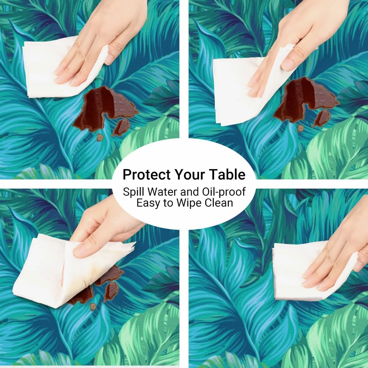 Round Fitted Tablecloth Elastic Edge Table Cover for 45'' - 56'' Tables, Waterproof Wipeable Table Cloth for Dining, Camping, Outdoor, Indoor (Palm Leaf)