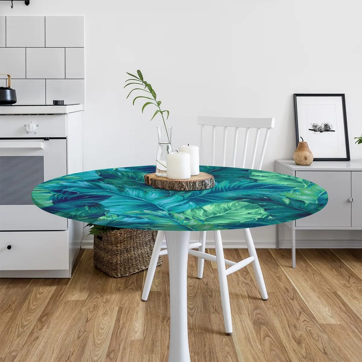 Round Fitted Tablecloth Elastic Edge Table Cover for 45'' - 56'' Tables, Waterproof Wipeable Table Cloth for Dining, Camping, Outdoor, Indoor (Palm Leaf)