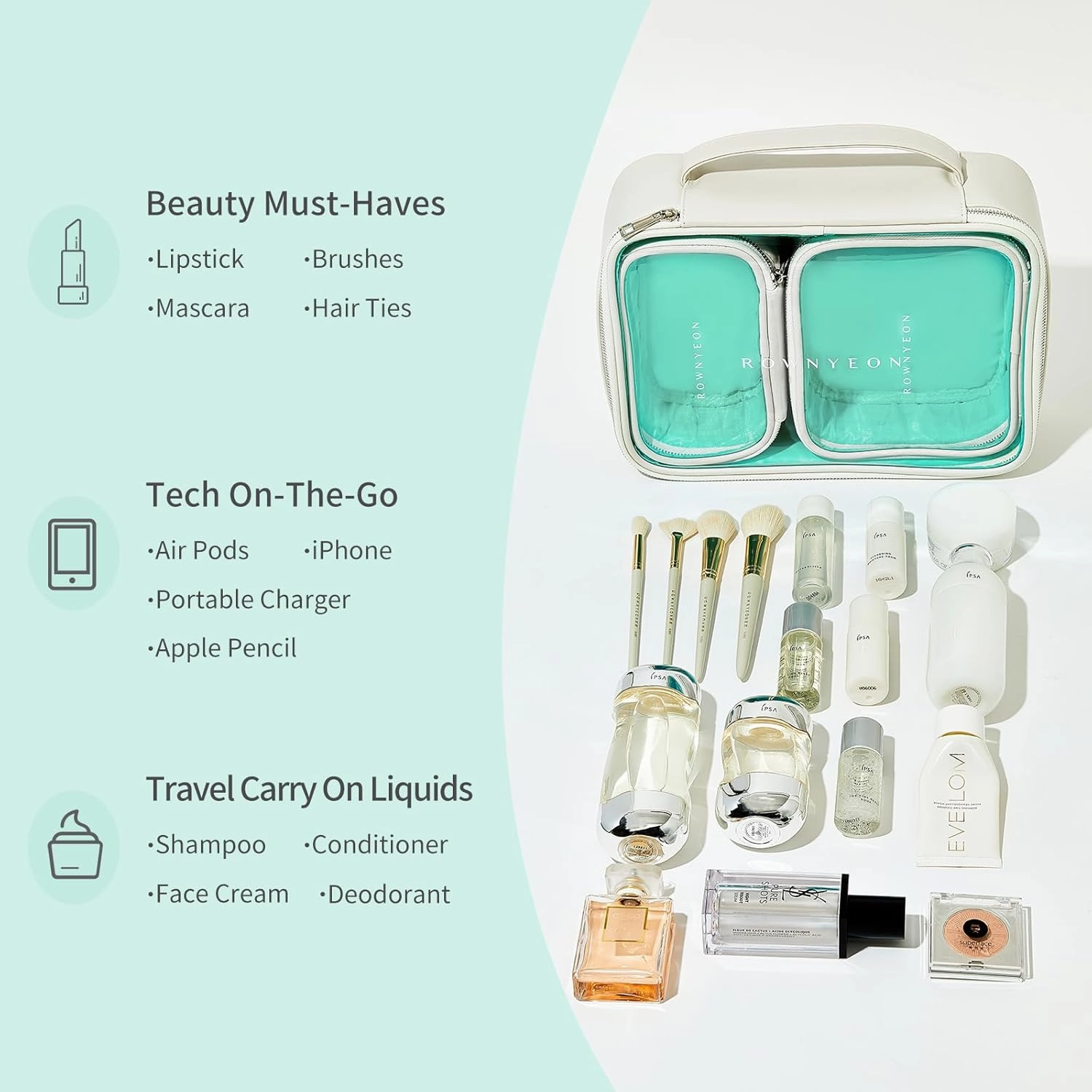 ROWNYEON Clear Makeup Bag Set of 3,Leather Waterproof Cosmetic Bag,Travel Makeup Bag for Women,Portable Toiletry Bag Train Case with Zipper Handle White