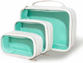 ROWNYEON Clear Makeup Bag Set of 3,Leather Waterproof Cosmetic Bag,Travel Makeup Bag for Women,Portable Toiletry Bag Train Case with Zipper Handle White