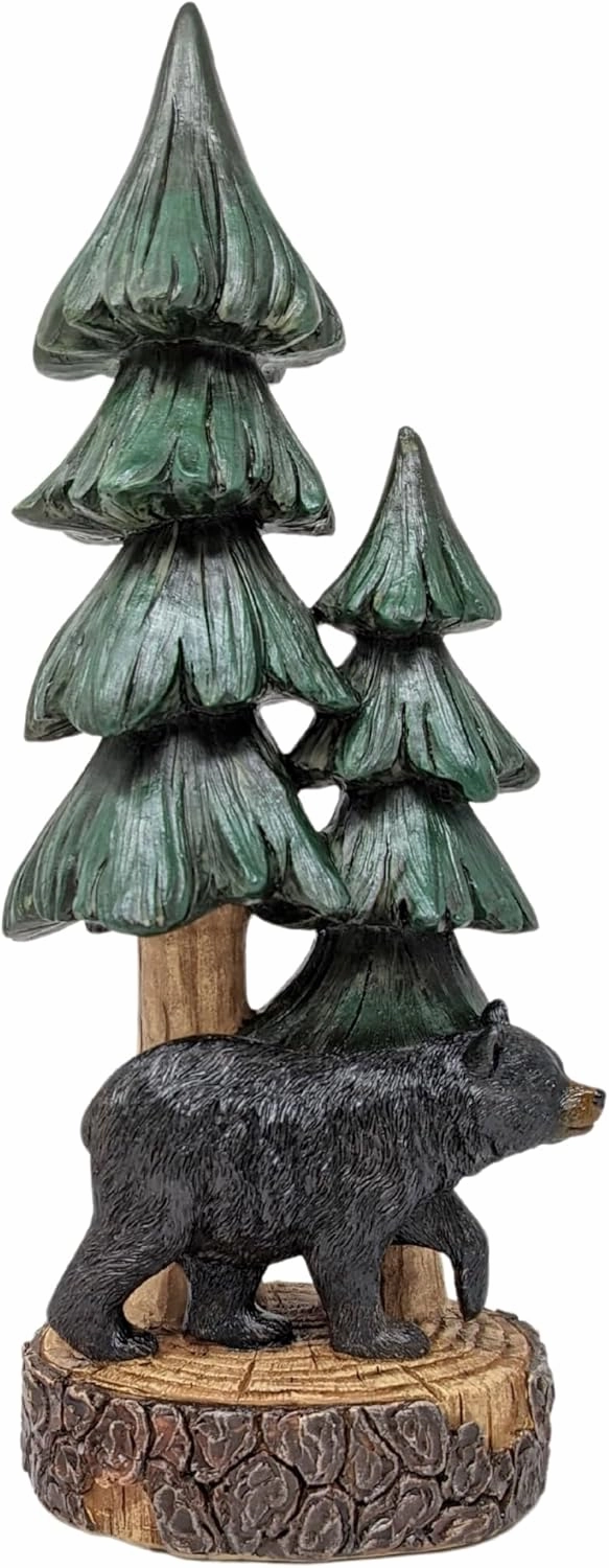 Rustic Bear with Pine Tree Tabletop Figurine - Woodland Forest Cabin Lodge Décor - Standing Resin Bear Statue for Mountain Home Decoration