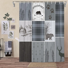 Rustic Cabin Bear Deer Shower Curtain, Country Blue Plaid Shower Curtain Set for Bathroom, Farmhouse Forest Nature Fabric Shower Curtain Restroom Bathtub Decor Accessories with Hooks 69x70inches