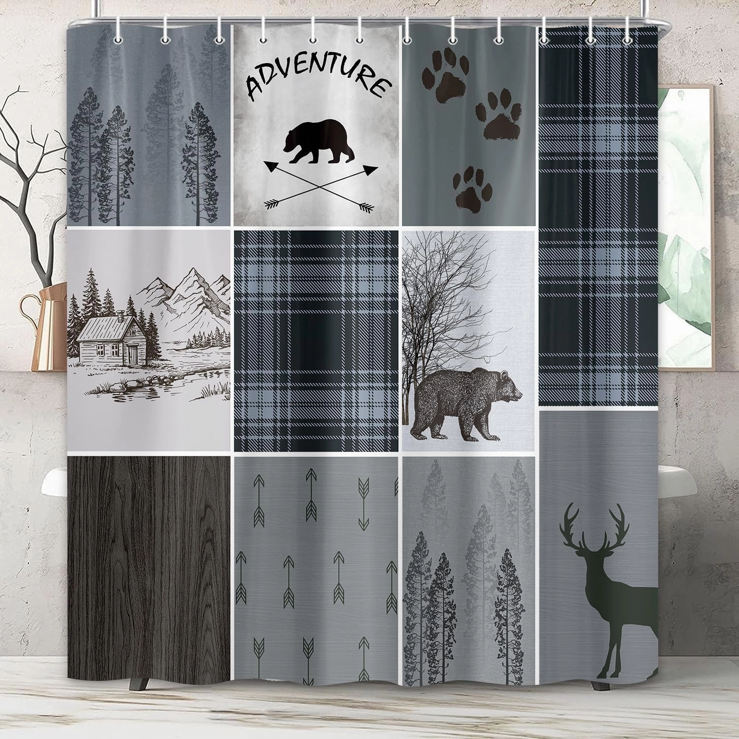 Rustic Cabin Bear Deer Shower Curtain, Country Blue Plaid Shower Curtain Set for Bathroom, Farmhouse Forest Nature Fabric Shower Curtain Restroom Bathtub Decor Accessories with Hooks 69x70inches